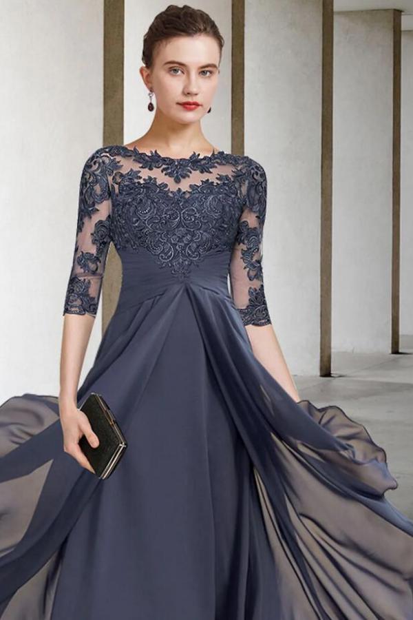 Elegant Long Sleeves Lace Mother Dresses Sheer Crew Neck Chiffon Applique A Line Ruched Formal Party Ankle Length Formal Party Evening Dresses BC14637 0326