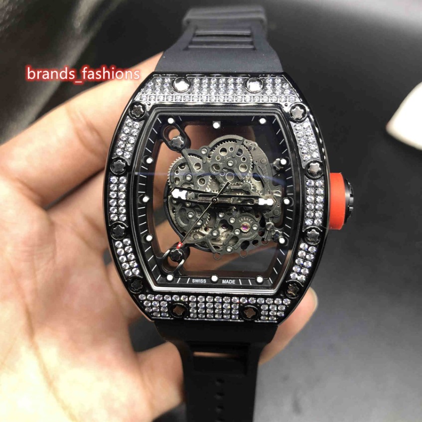 Męskie lodowe diamentowe zegarki Otwórz do twarzy zegarek Diamond Watch Watch czarny gumowy pasek w pełni automatyczny mechaniczny na rękopis 299D