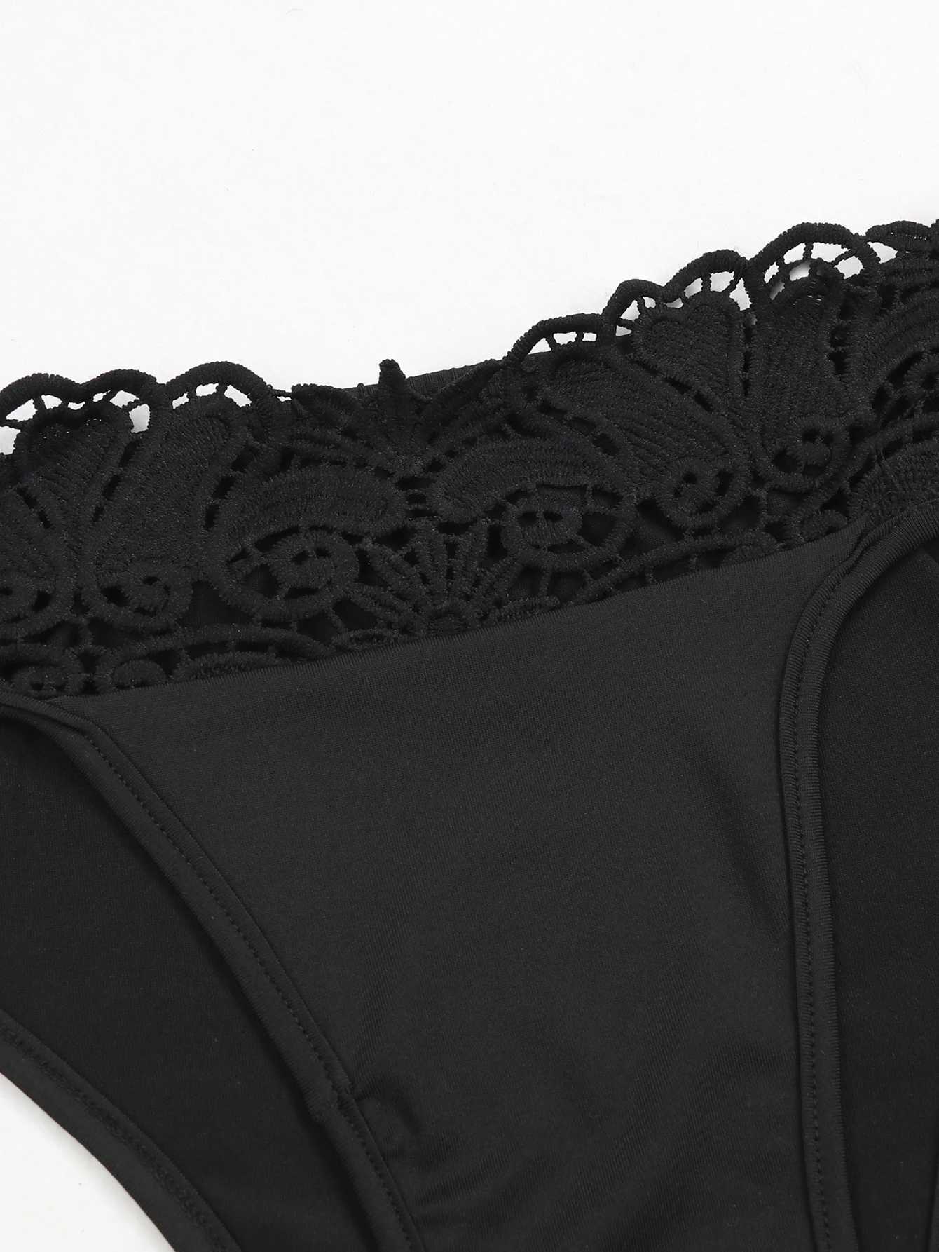 Kobiety stroje kąpielowe Seksowna czarna koronkowa trzyczęściowa trzyczęściowa bikini set z spodniami koronkowy stanik High talia pusta szerokie nogi Letnie plażę stroju kąpielowa 240326