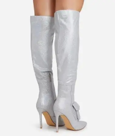 Upuść wysyłka Kobiety moda jasnoróżowa sliver podwójna kieszeń szczupła 10 12 cm cienkie obcasy kolanowe wysokie buty w stylu ulicznym długie buty