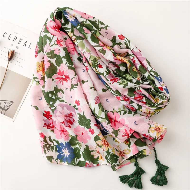 Sarongs Cross border foreign trade plant and flower series light colored printed beach towel with long hanging tassel soft cotton linen scarf 240325