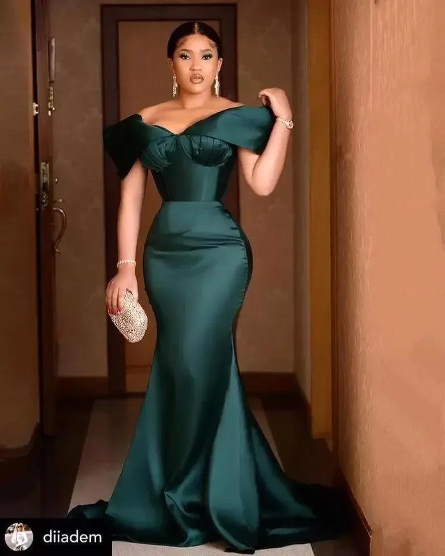 Arabic Aso Ebi Hunter Off The Shoulder Green Mermaid Bridemaid Dresses Ruched Satin Sexy Formal Party Second Reception Evening Gowns BC13019 0326