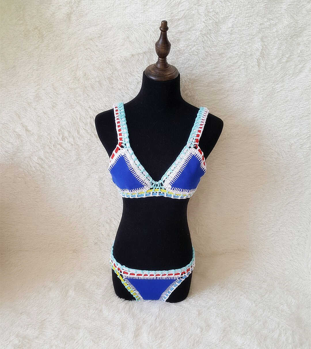 Sexig krokkant Färg Bikini Tvådelar Set Color Matchande Neoprene Crochet Beach Swims Doens Swimsuit