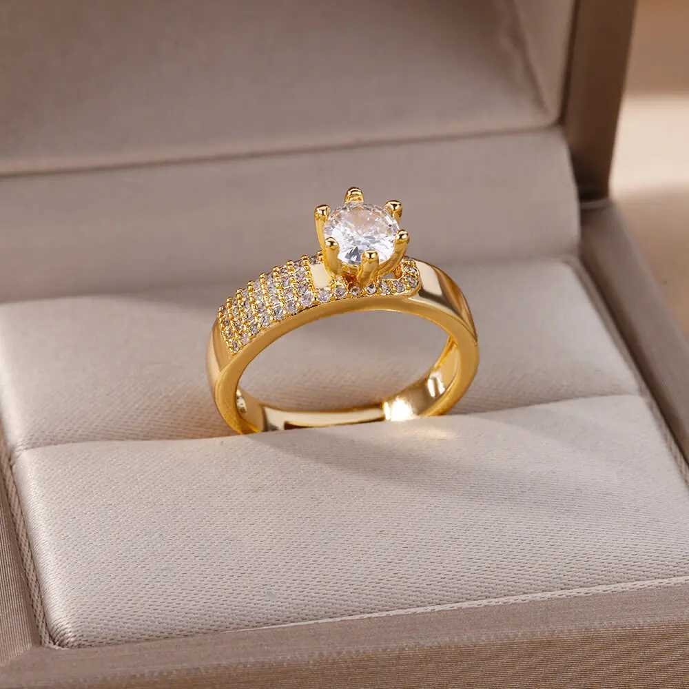 Bandringe Edelstahl Runder Ring Damen Zirkon Geometrisch Gold Kristall Ring Mode Hochzeit Schmuck Geschenktüte Frauen J240326