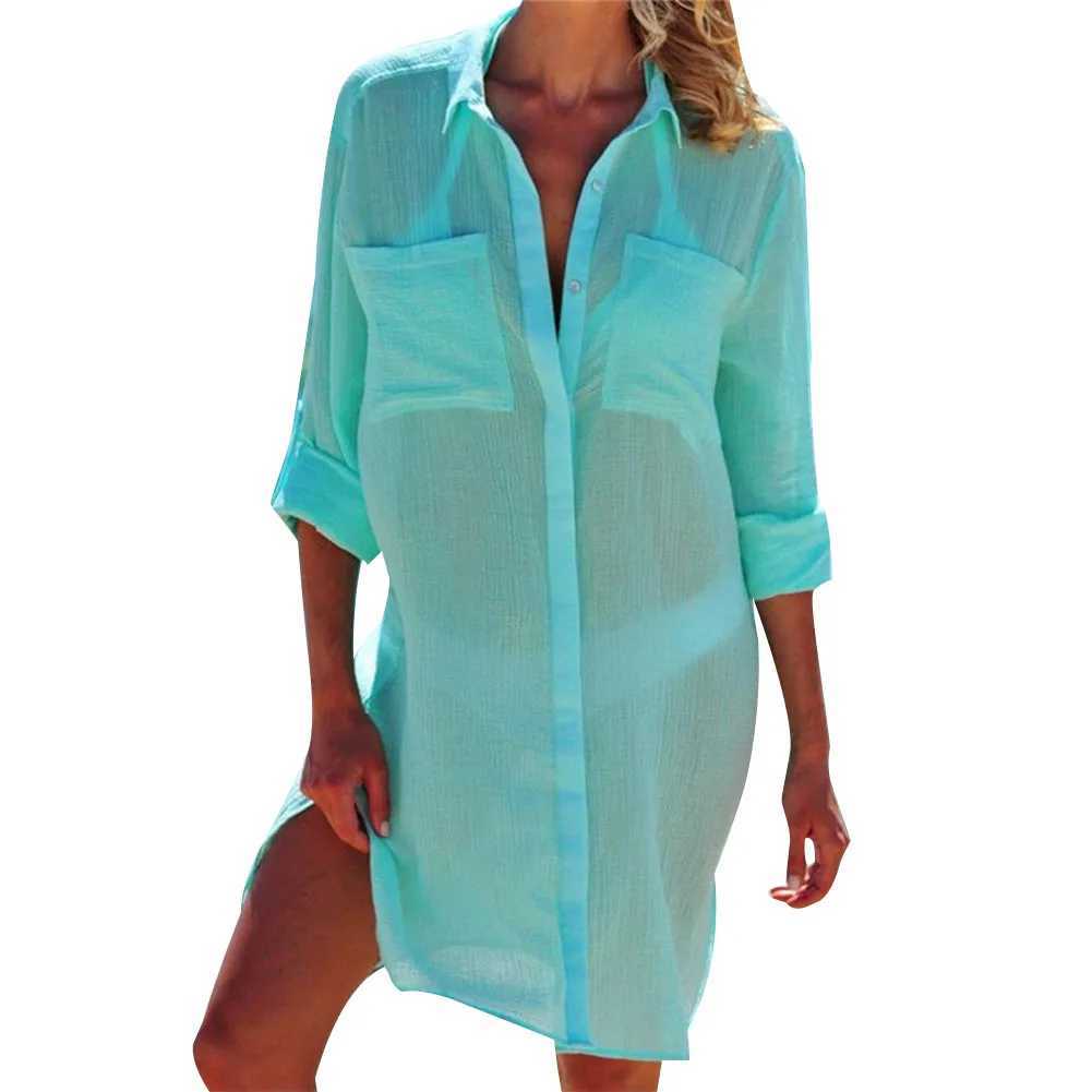 Women's Swimwear Womens bikini swimsuit with buttons on top V-neck shirt with rolled up cuffs beach suit swimsuit 24326