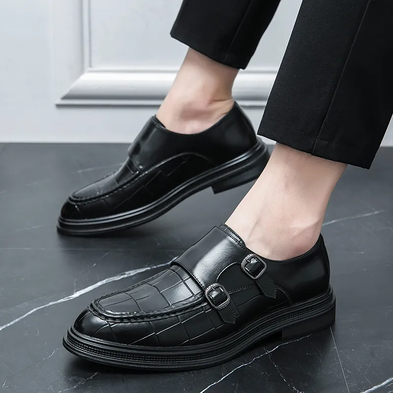 Black Men Formal Shoes Brown Loafers Slip-On Round Toe Business Double Buckle Monk Shoes for Men with