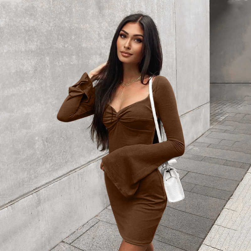 DEDN – robe couleur unie pour femmes, col bas, manches évasées, Slim et Sexy, enveloppée aux hanches, nouvelle collection été 2023