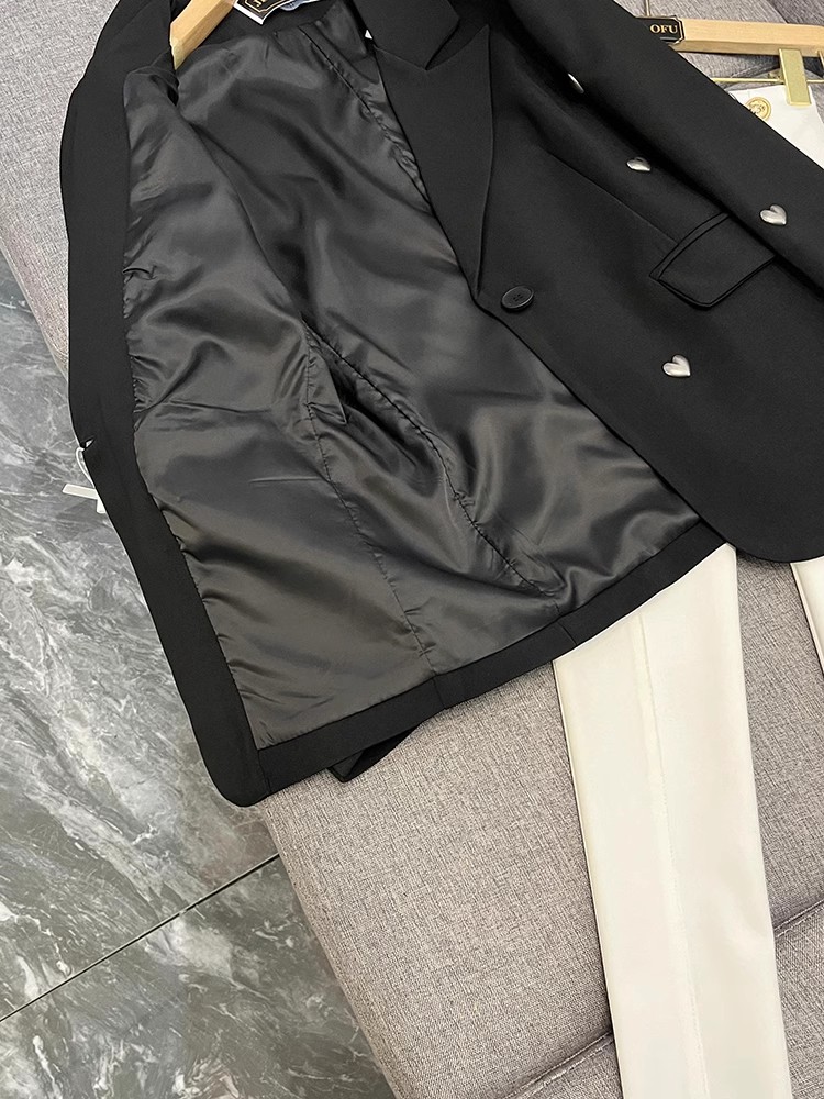 Spring Black Solid Color 3D Hearts Blazers Long Sleeve Notched-Lapel Single-Button Outwear Coats H4M211483