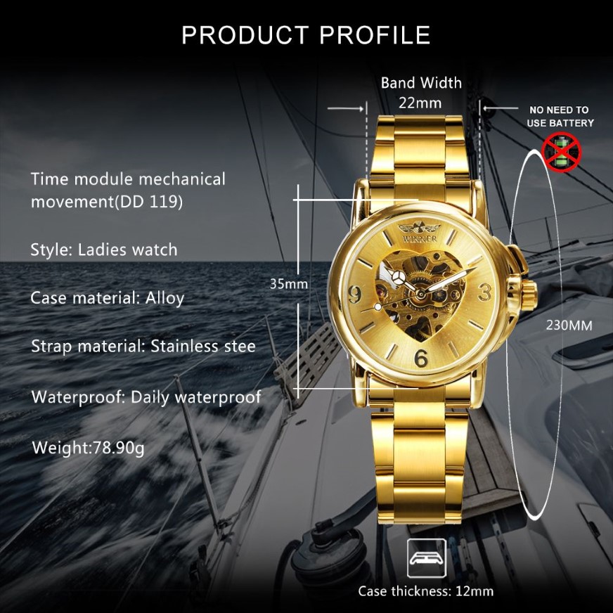 Winnaar Officiële luxe dames Kijkt automatisch mechanisch Golden Heart Skeleton Dial Stainless Steel Band Elegant Ladies Watch 201353W