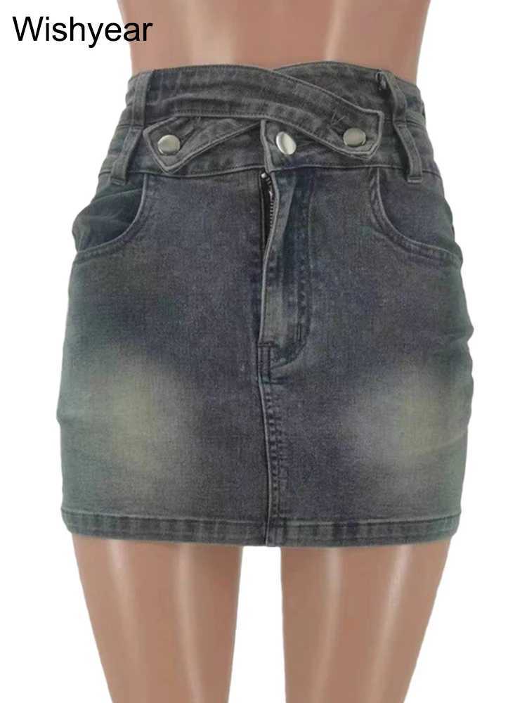 Sexig kjol kjolar mode alla matchar blå denim mini kvinnors sexiga criss coola älskling retro kreativa elastiska jeans harajuku klänning 24326