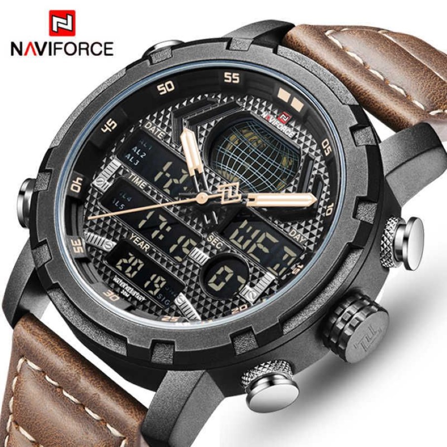 NaviForce Mens orologi a marchi di lusso in pelle sport orologi maschile a led orologio digitale polso militare impermeabile wa297a