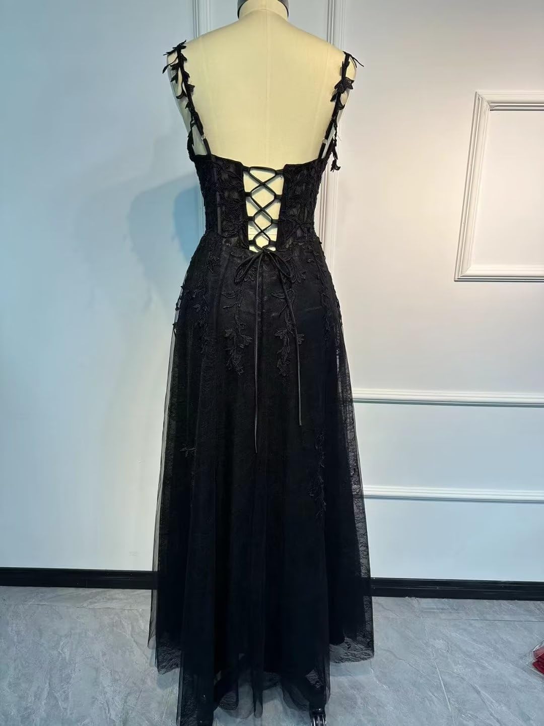 Сексуальные длинные черные тюлевые платья для выпускного вечера в форме сердца с разрезом на бретельках-спагетти на шнуровке сзади, платья для выпускного вечера Vestidos de noche, вечерние платья длиной до пола для женщин