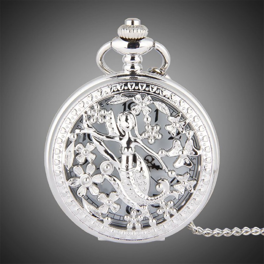 TFO Pocket Watch Silver Hollow Petals Surround Dancing Mermaid Design Pendant Ladies Fashion Gift Necklace306e