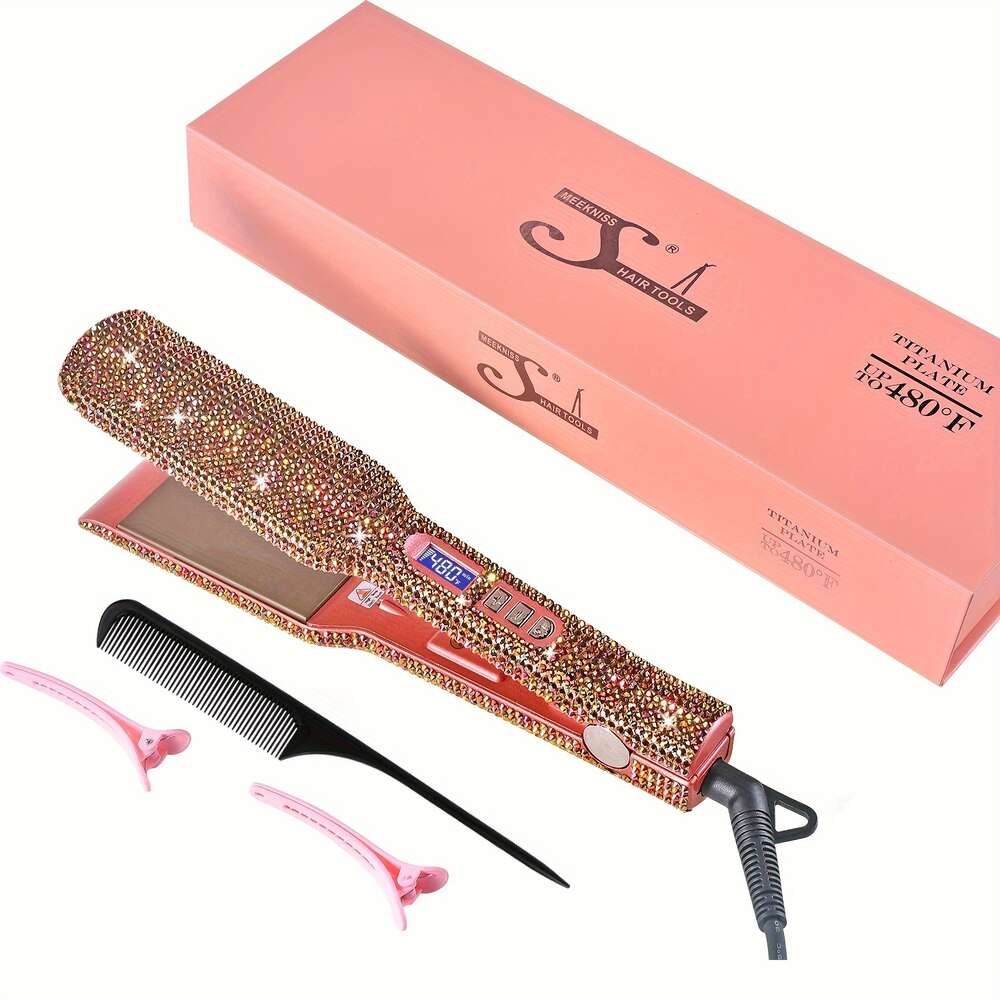 Alisador, alisador profissional de decoração de strass de cristal alisador de ferro de 1,7 polegadas alto calor 480 °F, chapinha de cabelo de titânio Bling, presente de feriado para