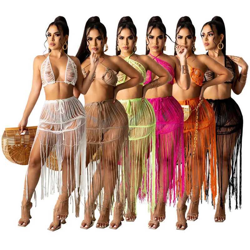 Women's Swimwear Wearing a 2-piece knitted leather tassel beach suit womens crochet swimsuit sexy transparent bikini bra and bottom bikini top 24326