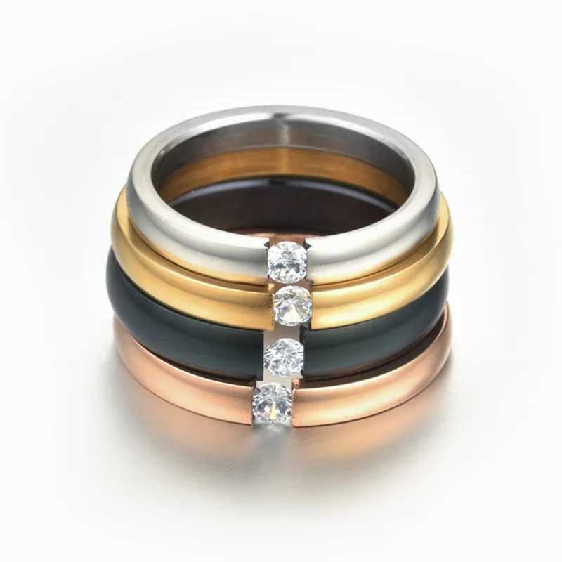 Band Rings Luxury 2mm stainless steel ring with zirconia inlay for mens wedding engagement ring Valentines Day gift for women stackable ring J240326