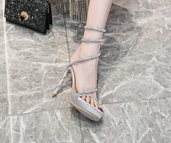 Summer Ladies Bling Apricot Sliver Crystal Rhinestone Snake S Surround Platform Open Toe Thin Heels Sandals Bride Wedding Shoes