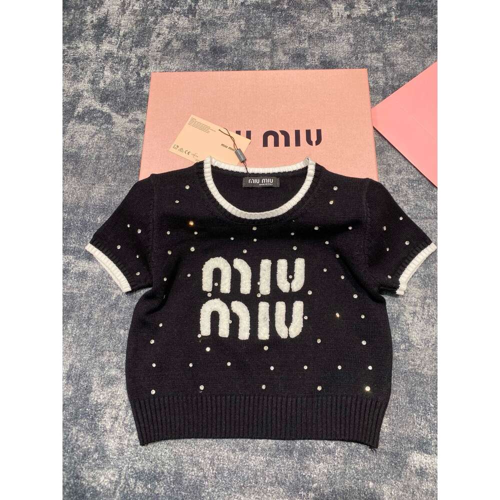 MM Family S New Full Nail Diamond Pullover Short Sleeve Sweater For Women Towels Embroidered Letters Fashion Versatile Knitted