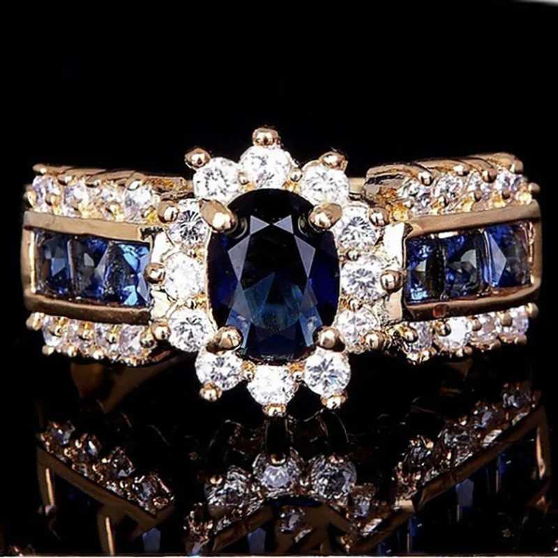 Anéis de banda de luxo azul vermelho zircão moda homens e mulheres anéis de ouro aniversário unisex jóias anel de casamento atacado j240326