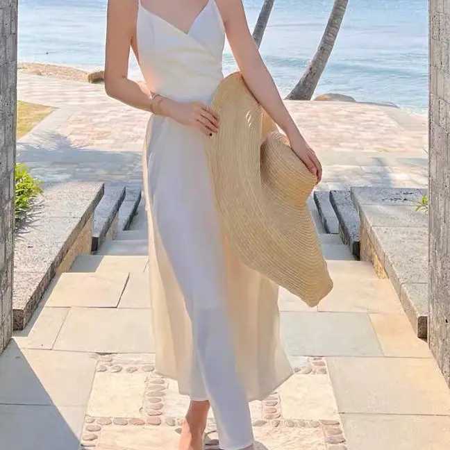 Damen-Bademode, weißes Chiffonkleid, süßes und schönes Sommer-Langkleid, hängendes Strandkleid, Urlaub am Meer 240326