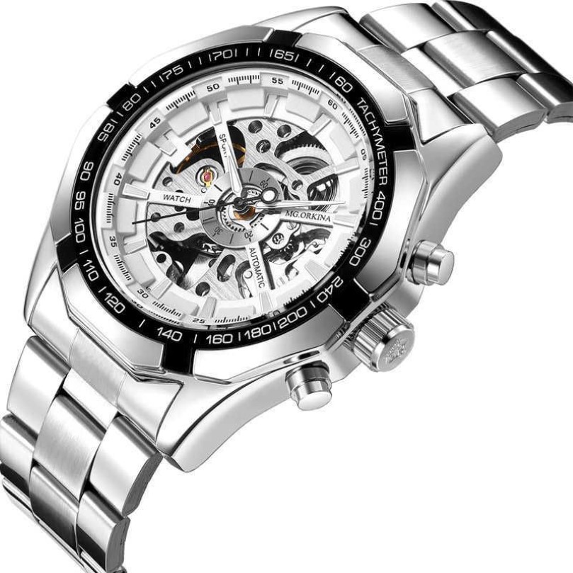 ORKINA Zilver Roestvrij Staal Klassieke Designer Heren Skeleton Horloges Topmerk Luxe Transparant Mechanisch Mannelijke Polshorloge 2107347k