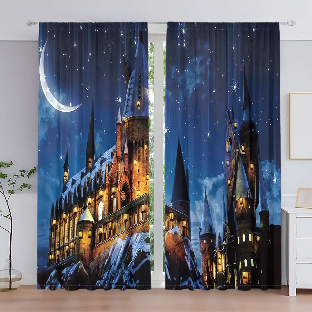 2 pièces, installation de poche de tringle à rideau imprimé château sous ciel clair de lune, rideaux imprimés numériques, matériau en polyester, adaptés au salon, à la chambre à coucher, au bureau, à la salle à manger