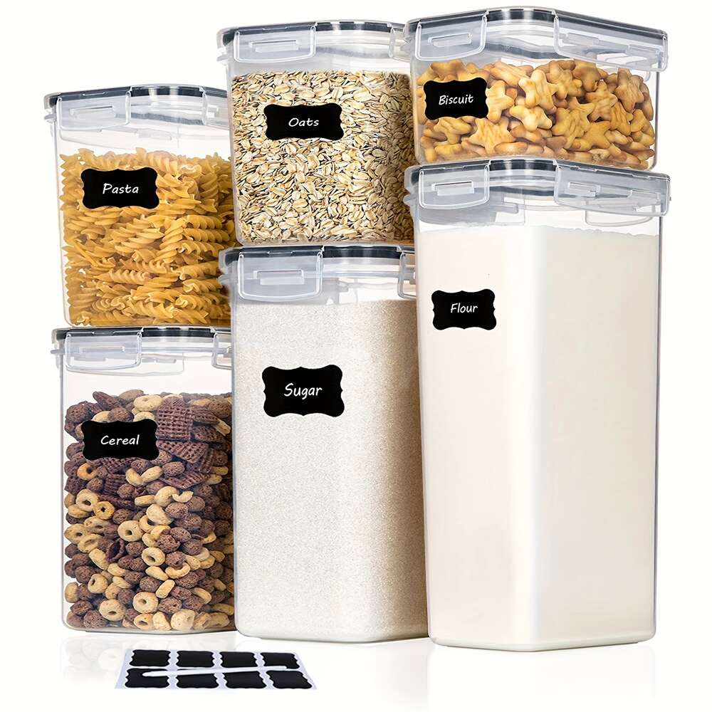 6/12 Stück luftdichte Behälter mit Deckeletiketten, BPA-freie Vorratsbehälter, Trockenkanister für Mehl, Zucker, Müsli, Nudeln, Tee, Nüsse und Kaffeebohnen, Kunststoff