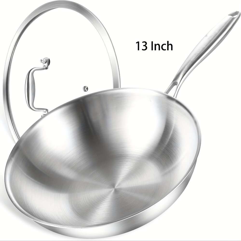 1 st, PFOA gratis rostfritt stål wok med glasskydd - idealisk för hem, restaurang och hotellkök