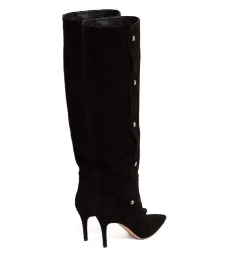 Classique noir daim bout pointu boutons décor talons fins Tube sans lacet genou bottes hautes femmes mode course longue Botas taille 46