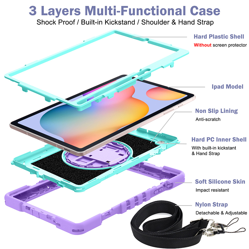 حالة الجهاز اللوحي لـ Samsung Tab S6 Lite 2020/2022/2024 الحالة 11 بوصة ، 360 درجة دوارة الحامل مع علبة السيليكون الكتف لـ P610/P613/P615/P619/P620/P624/P627