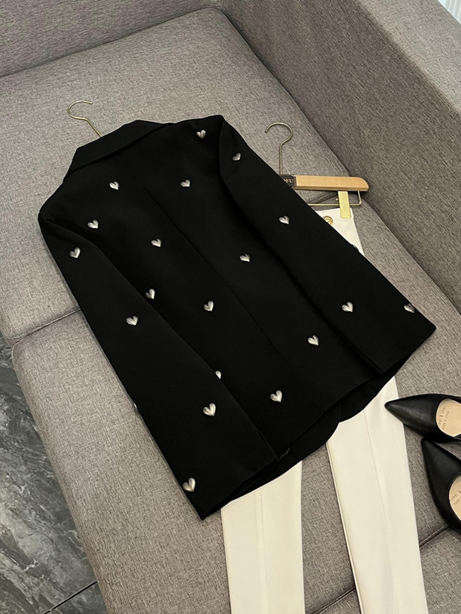 Spring Black Solid Color 3D Hearts Blazers Long Sleeve Notched-Lapel Single-Button Outwear Coats H4M211483