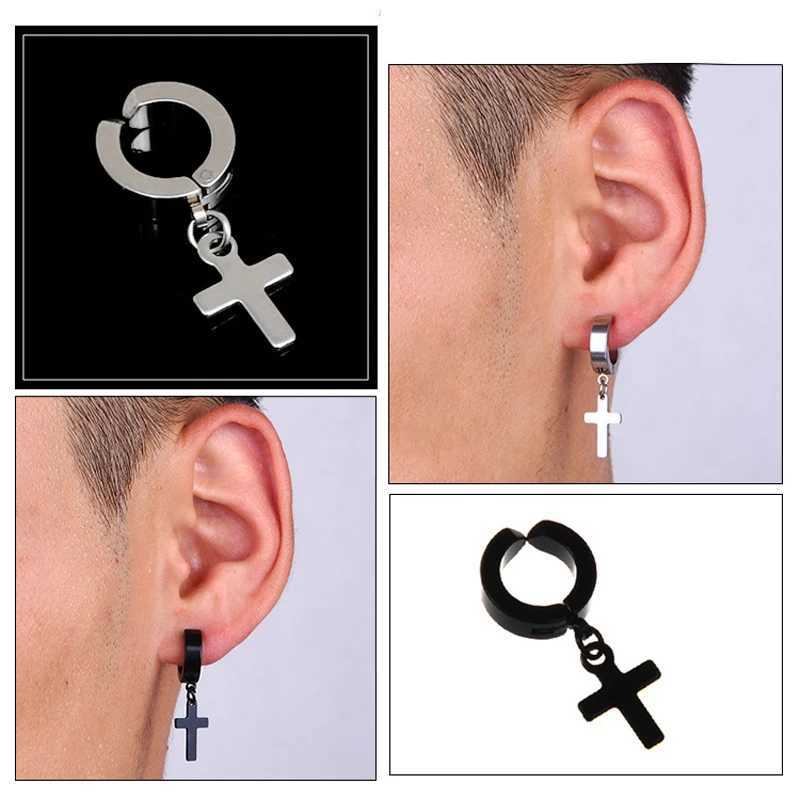 Hoop Huggie Smooth Cross rostfritt stålklippörhängen Kvinnor Punkörhängen Unperfored Unperfored Earrings 24326