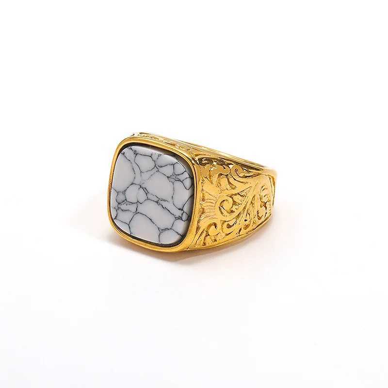 Band Rings European and American trend retro carved patterns plated with 18K gold inlaid turquoise ring size 7-13 J240326