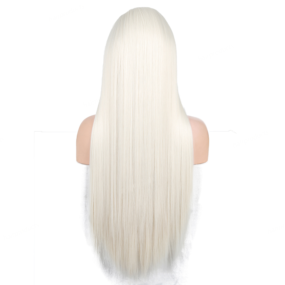 Cos anime perruque couleur moyen long cheveux raides blanc fibre chimique fibre haute température style européen américain usine densité de cheveux 13x4 dentelle avant sans colle perruque