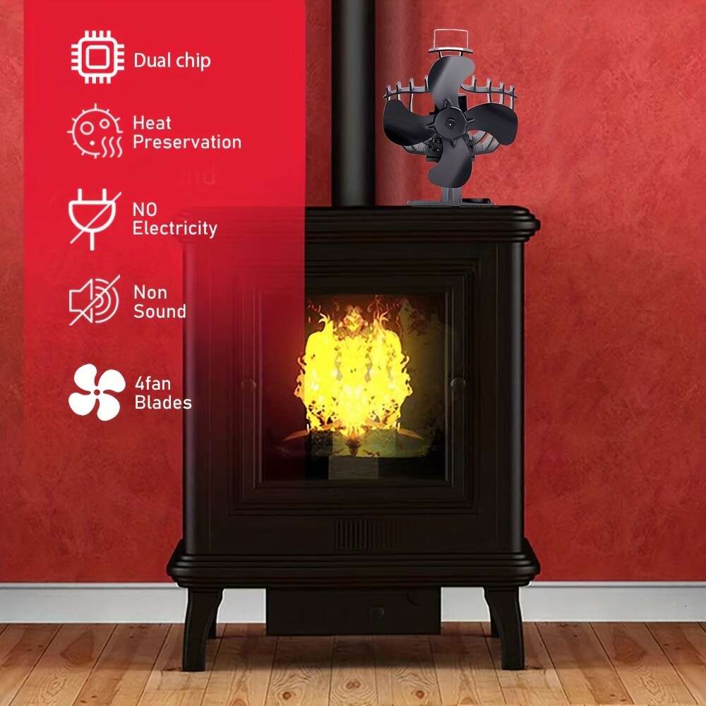 4-blade Heat Powered Wood/log Burner/fireplace Increases 80% More Warm Air Than 2 Blade Fireplace Wood Stove Fan, Non Electric for Wood, Thermoelectric Fan