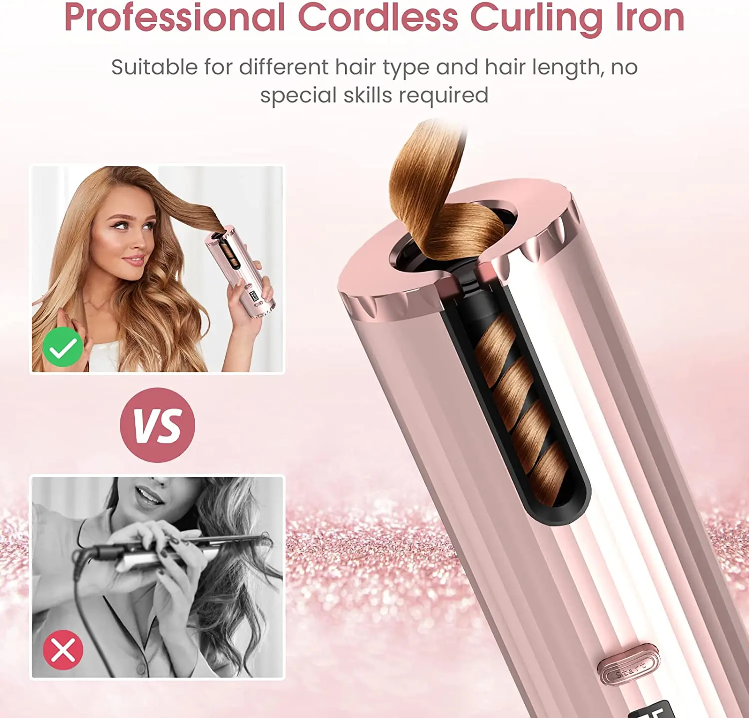 Irons Automatic Curling Iron Automatic Hair Curler with 6 Temps 6 Timers LCD Display Hair Curlers Portable Rechargeable Rotating