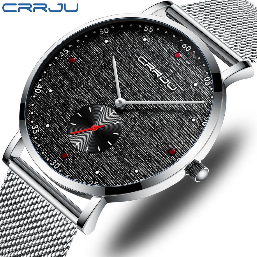 Marca de luxo Crrju Men assistir clássicos negócios Slim Quartz assistir elegante clock de malha de aço à prova d'água elegante Relógio masculino245r