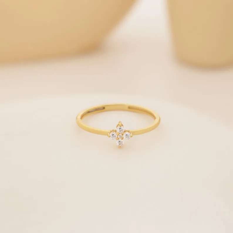 14k Dainty Minimalist Lucky Four Leaf Clover Ring med Diamond Solid Gold Lover Women Girls Gift