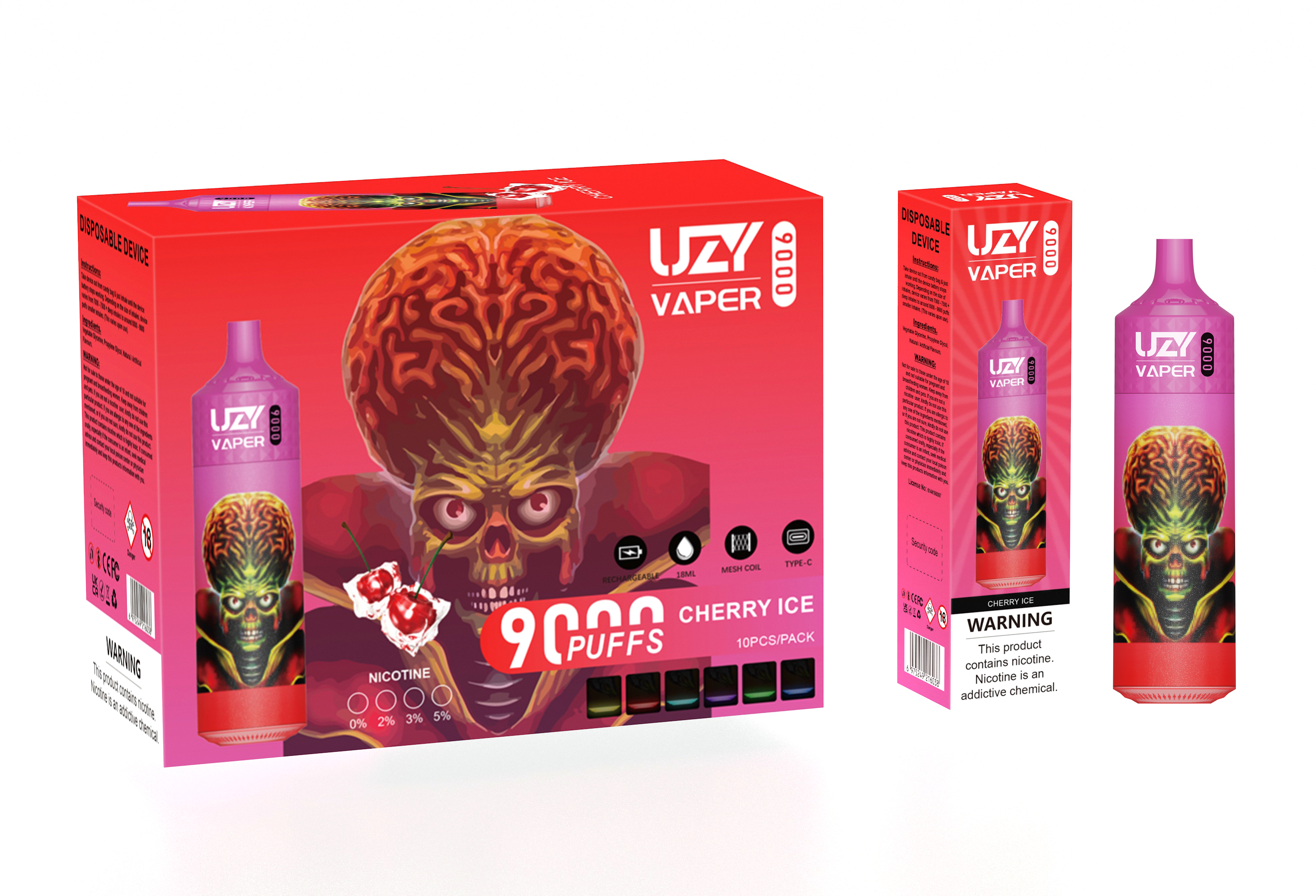 Uzy Vaper 9000 Puff 9k Puffセット大型蒸気装置使い捨てベイプ電子タバコのネットコイルLED懐中電灯充電式バッテリー