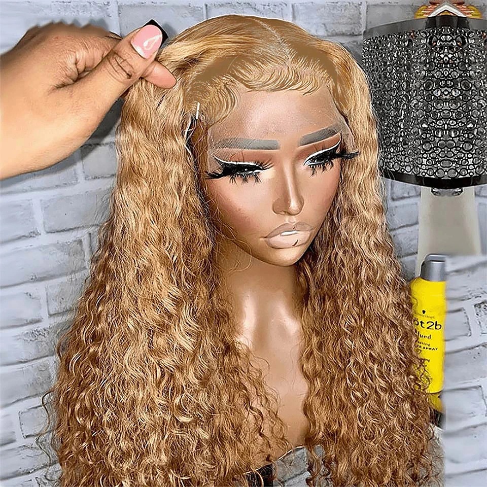 Perruque Lace Closure Wig naturelle crépue bouclée, couleur brun miel, blond, pre-plucked, liquidation, prix le plus bas, pour femmes