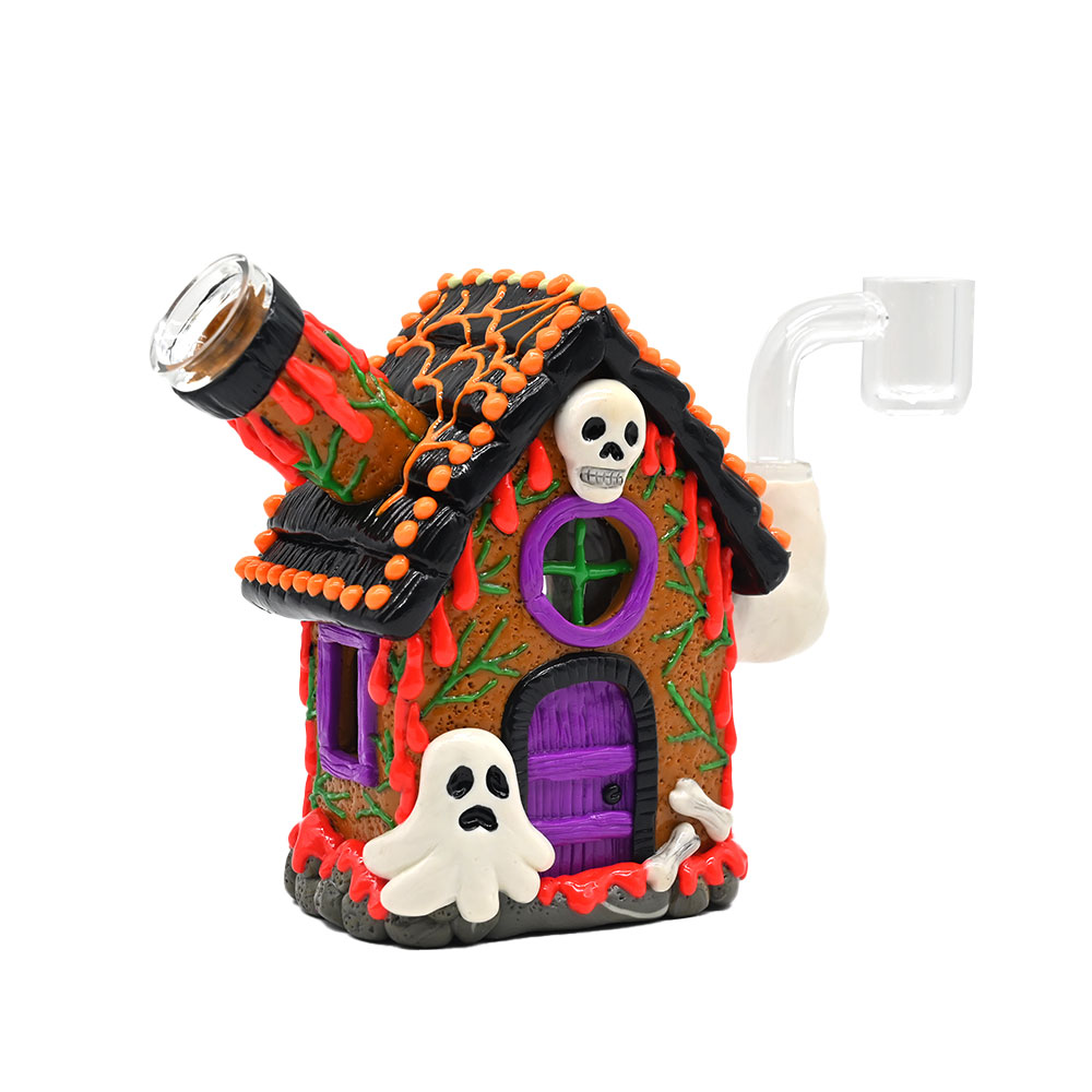 13cm/5.1in Glass Water Pipe,Polymer Clay Halloween Theme Glass Smoking Item With Cartoon House,Home Desktop Decoration,Glow In Dark,Glass Hookah,Glass Bong