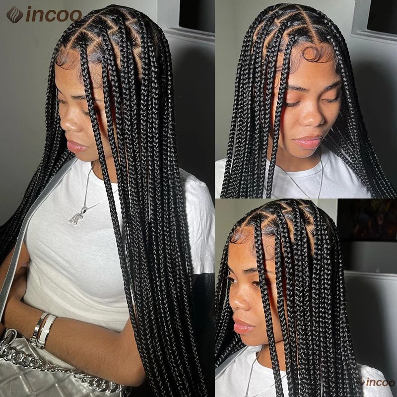 Syntetyczne duże pudełko Plebione peruki Jumbo bez węzła Pełne koronkowe peruki dla czarnych kobiet Jumbo Tribal Braids Faux Locs Cornrows Poster