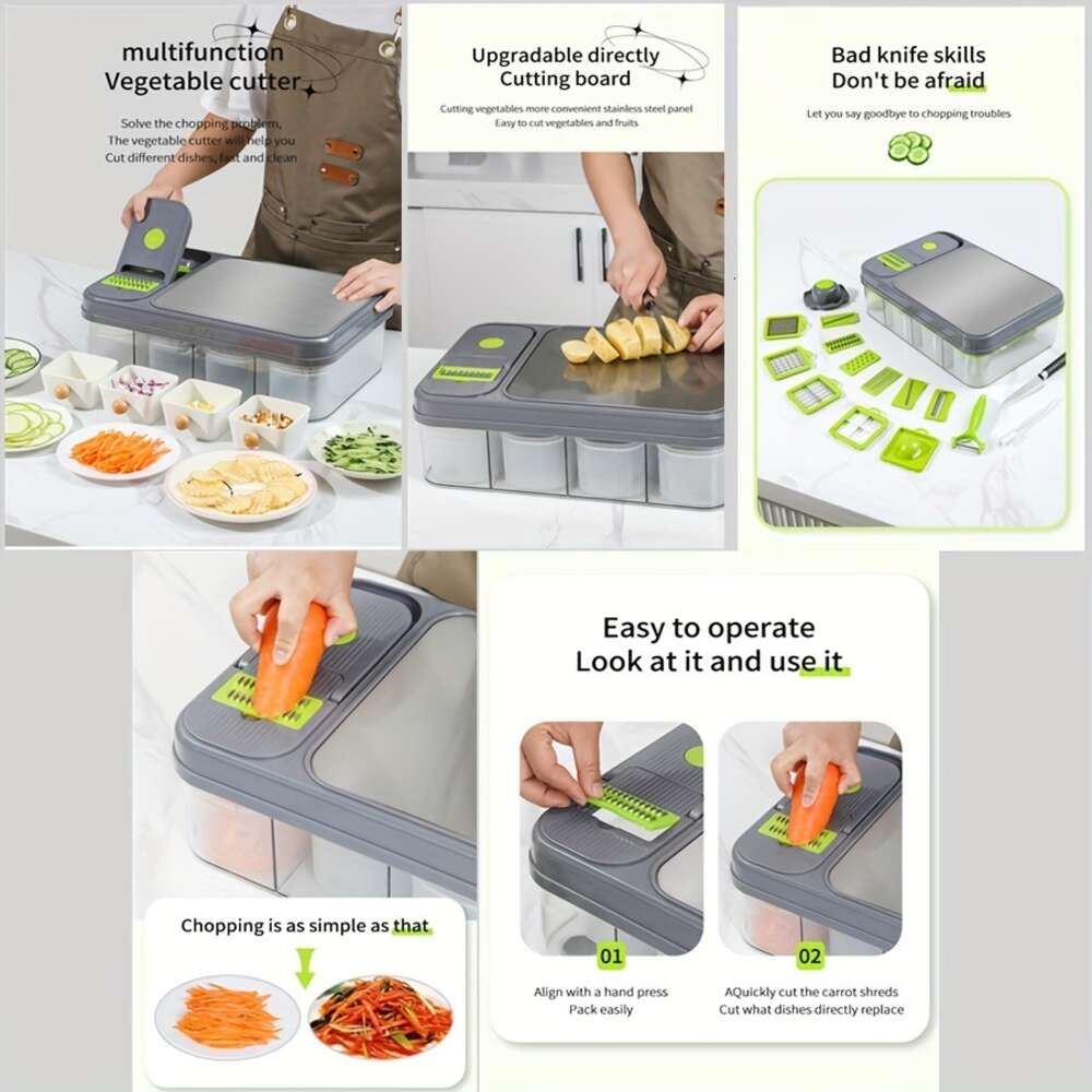 28 -stcsmultifunctioneel fruithandleiding voedselrails, groentesnijder, snijder met container, uienhakelaar, huishoudelijke aardappelschip, spullen, keuken