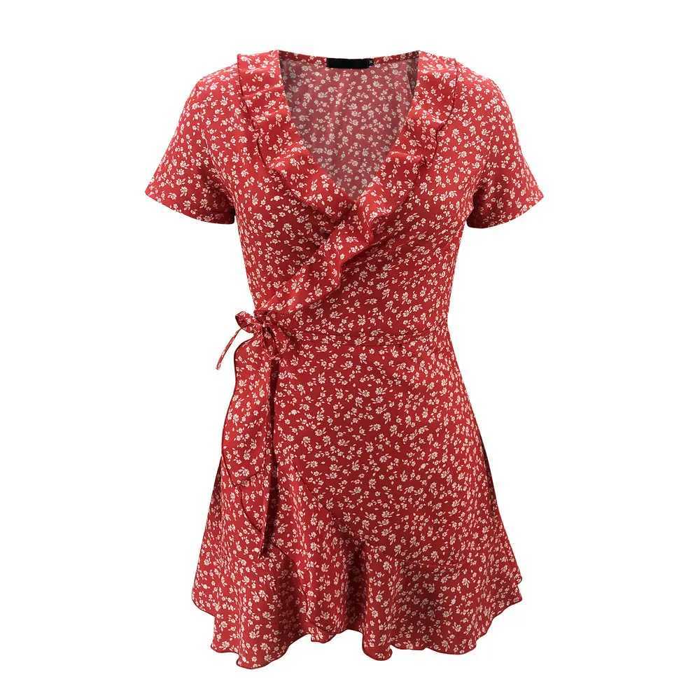 Roupa de banho feminina verão flor a linha vestido doce e elegante floral plissados com decote em v bandagem feminino floral mini vestido 24326