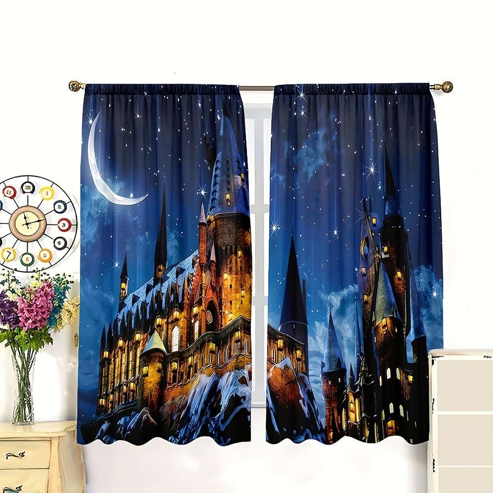 2 adet, Moonlit Sky Baskı Perdesi Çubuk Cep Kurulumu, Dijital Baskı Perdeleri, Polyester Malzeme, Yaşam Yatak Odası, Çalışma, Yemek