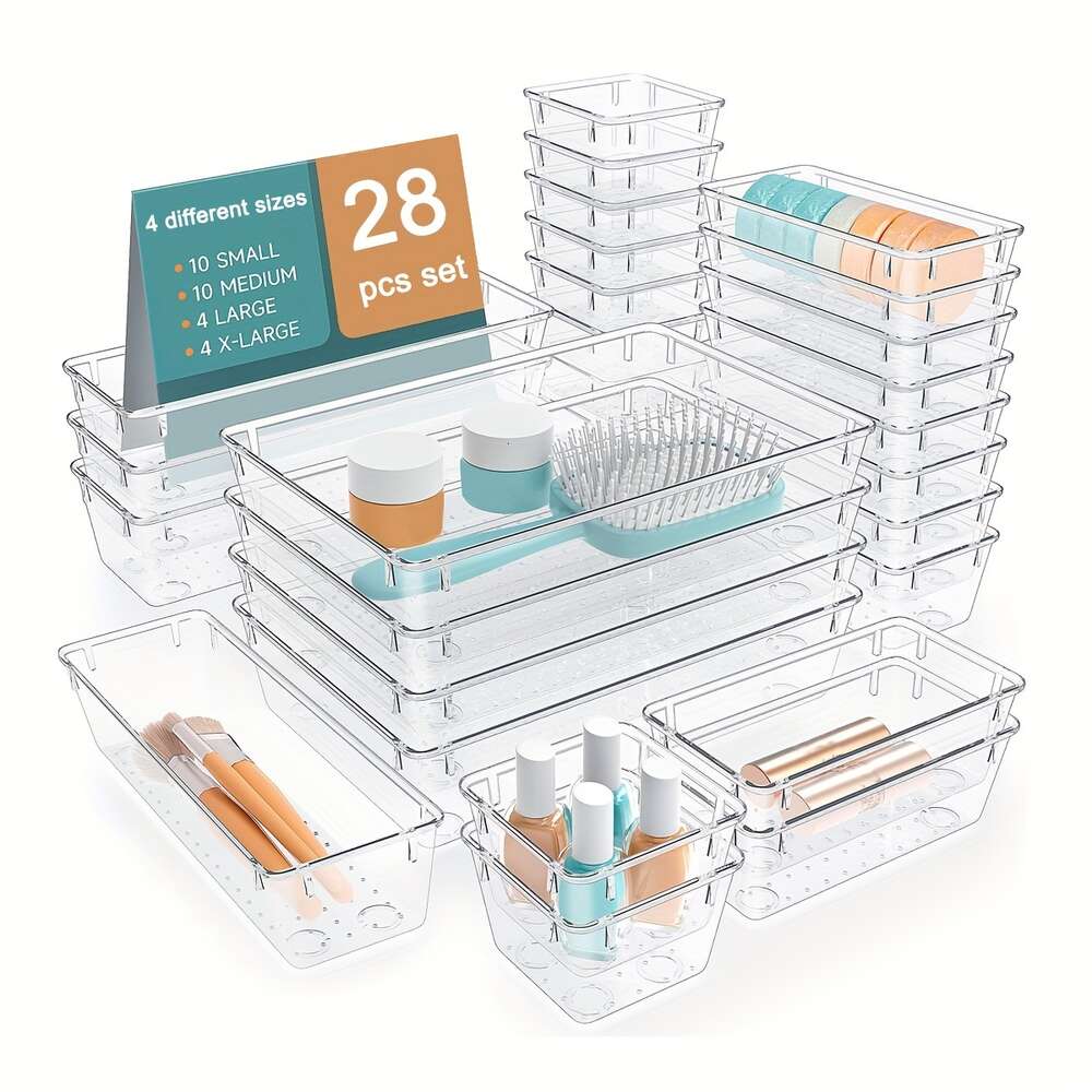 Ensemble en plastique transparent 6/13/28 pièces, organisateurs de séparation de tiroir de bureau, bacs de rangement pour maquillage, bijoux et articles divers, accessoires pour la maison, organisateur de maquillage