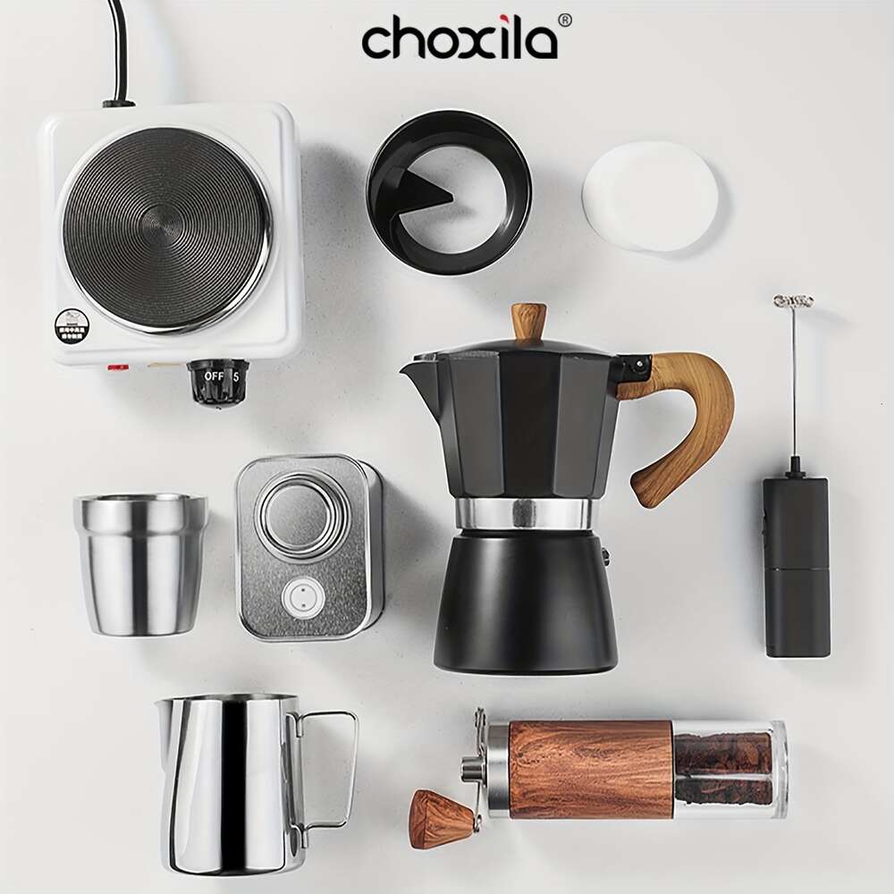 ، صانع الإسبريسو الكوبي الكلاسيكي الكوبي ، Moka Pot ، والموقد الكهربائي ، والمطحنة اليدوية ، و frother milk ، و Canister - مجموعة قهوة السفر والتخييم مع حقيبة محمولة