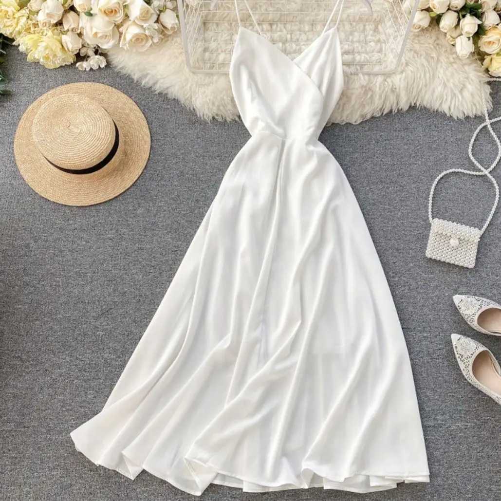 Damen-Bademode, weißes Chiffonkleid, süßes und schönes Sommer-Langkleid, hängendes Strandkleid, Urlaub am Meer 240326