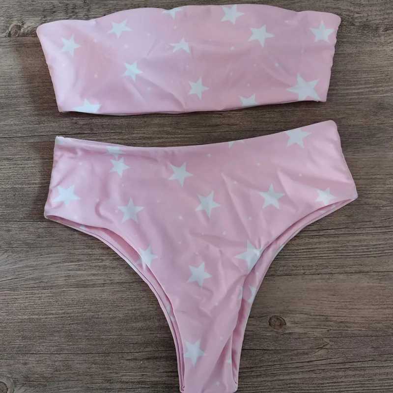 Costumi da bagno da donna 2021 Costumi da bagno sexy da donna a fascia con stampa di stelle Bikini Set costume da bagno estivo da spiaggia Fasciatura da donna Accappatoio S M L XL Nero 240326