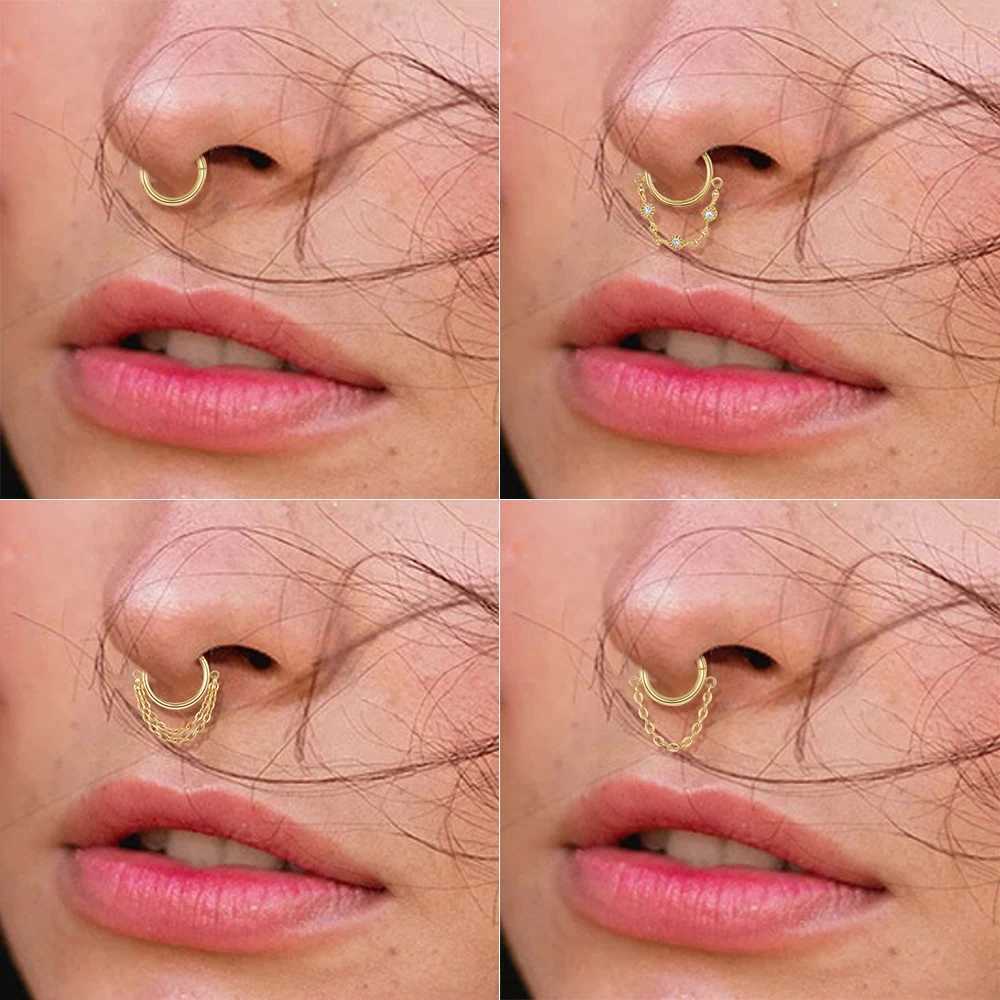 Hoop Huggie 1 stainless steel ring earring with chain simple cylindrical perforated nose ring womens gold Tragus Rook ear perforated jewelry 24326